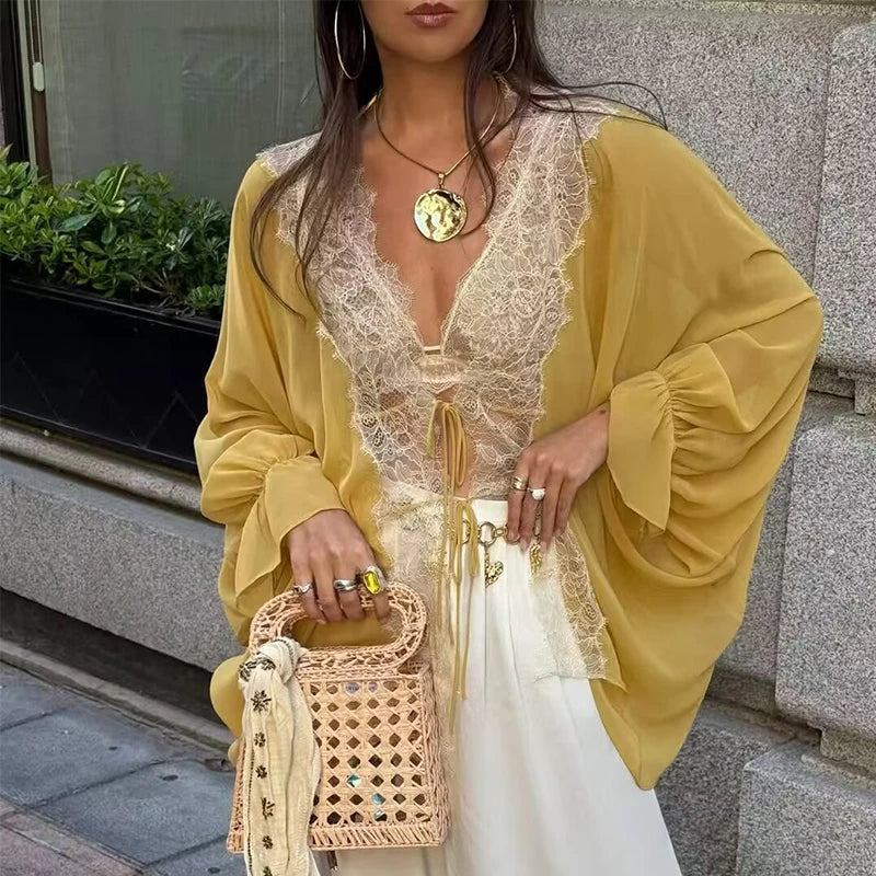 Chemises pour femmes, mode estivale, chemise en dentelle à empiècements, chemises décontractées amples pour femmes, chemisiers féminins, tops chics Camara Shopping Chemises pour femmes, mode estivale, chemise en dentelle à empiècements, chemises décontractées amples pour femmes, chemisiers féminins, tops chics