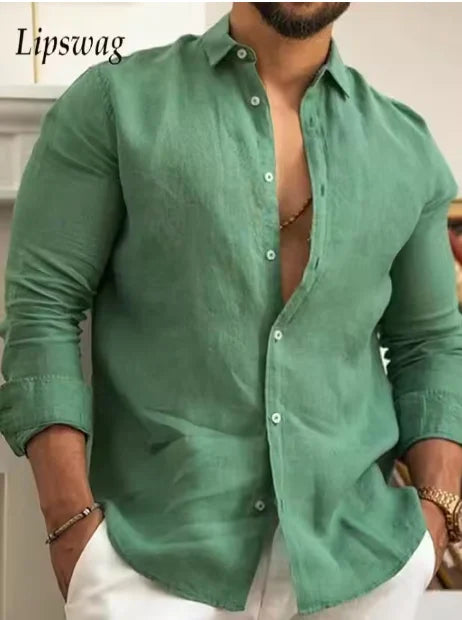 Chemise unie en coton et lin pour hommes, chemise unie, revers boutonné classique, chemises à manches longues, haut pour hommes, mode printemps et été Camara Shopping Chemise unie en coton et lin pour hommes, chemise unie, revers boutonné classique, chemises à manches longues, haut pour hommes, mode printemps et été