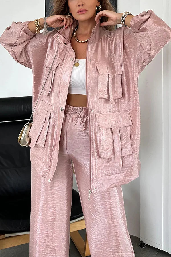 Ensemble deux pièces métallisé pour femme, pantalon cargo adt, jambe large, assressenti, tenues de rue, monochrome, mode printemps et automne, 2 pièces Camara Shopping Ensemble deux pièces métallisé pour femme, pantalon cargo adt, jambe large, assressenti, tenues de rue, monochrome, mode printemps et automne, 2 pièces