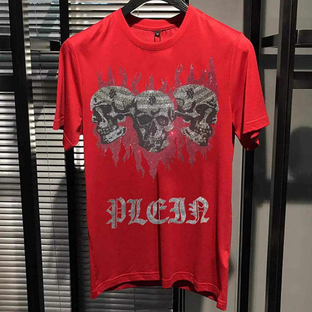 Designer hommes T-shirt strass crâne Streetwear hommes t-shirts marque de luxe mode tendance coton col rond à manches courtes haut vêtements Camara Shopping Designer hommes T-shirt strass crâne Streetwear hommes t-shirts marque de luxe mode tendance coton col rond à manches courtes haut vêtements