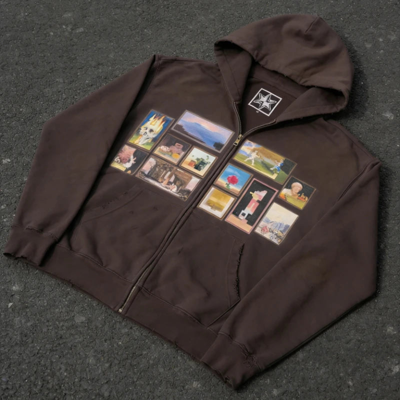 Sweat-shirt à capuche Y2K rétro marron délavé avec imprimé Pixel Paint, fermeture éclair, style streetwear tendance et vieilli, unisexe, coupe oversize Camara Shopping Sweat-shirt à capuche Y2K rétro marron délavé avec imprimé Pixel Paint, fermeture éclair, style streetwear tendance et vieilli, unisexe, coupe oversize
