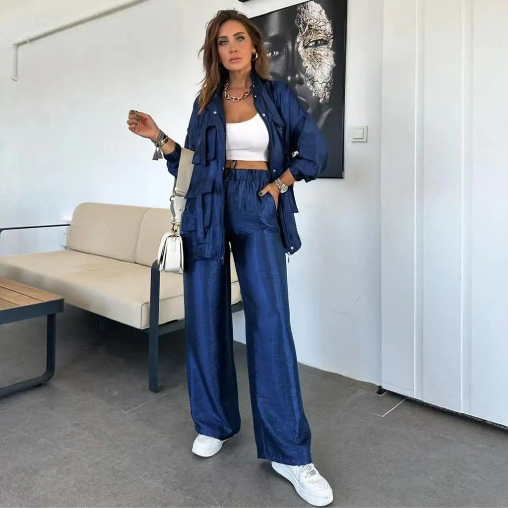 Ensemble deux pièces métallisé pour femme, pantalon cargo adt, jambe large, assressenti, tenues de rue, monochrome, mode printemps et automne, 2 pièces Camara Shopping Ensemble deux pièces métallisé pour femme, pantalon cargo adt, jambe large, assressenti, tenues de rue, monochrome, mode printemps et automne, 2 pièces