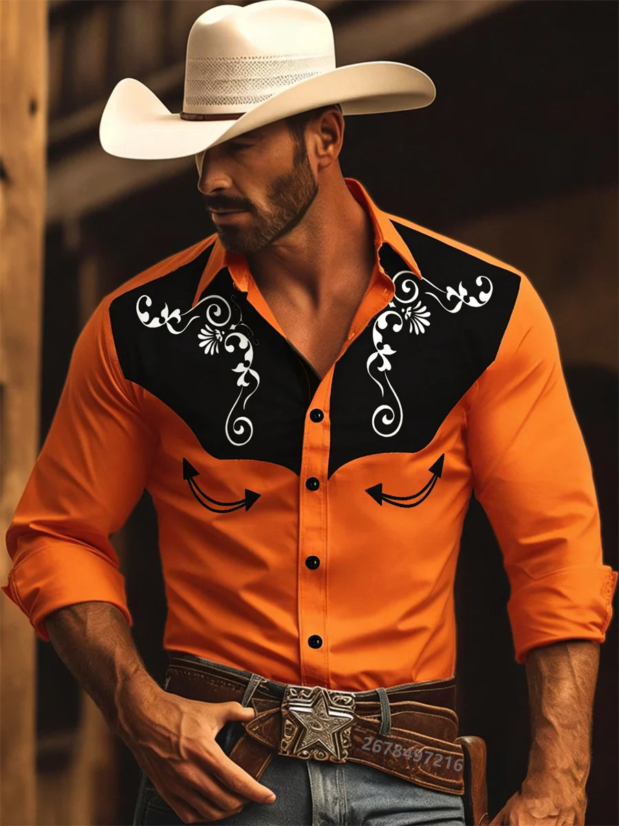 Nouvelle chemise à manches longues pour homme, style western cowboy, chemise à motif vintage imprimé, chemise à manches longues à col tendance pour homme. Camara Shopping Nouvelle chemise à manches longues pour homme, style western cowboy, chemise à motif vintage imprimé, chemise à manches longues à col tendance pour homme.