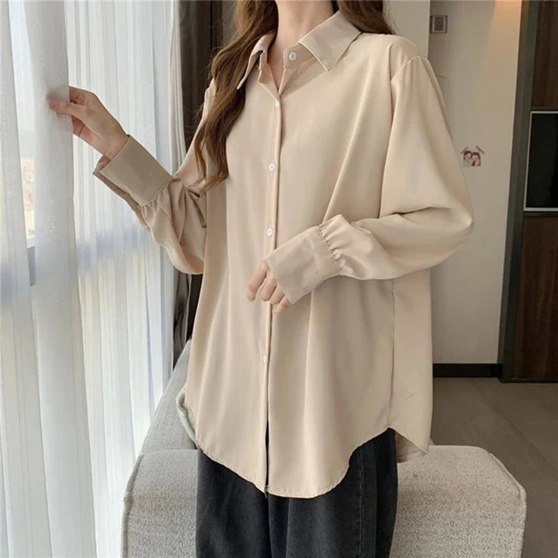 Femmes en mousseline de soie chemises blanches mode coréenne solide ample à manches longues hauts bureau dames élégant décontracté tout Match Blouses printemps nouveau Camara Shopping Femmes en mousseline de soie chemises blanches mode coréenne solide ample à manches longues hauts bureau dames élégant décontracté tout Match Blouses printemps nouveau