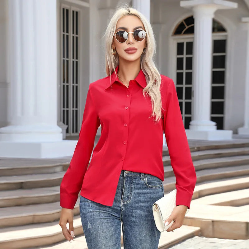 Chemise élégante pour femmes, chemisier en mousseline de soie à boutons, printemps été, décontracté, uni, manches longues, col rabattu, tuniques, chemisier OL, hauts Camara Shopping Chemise élégante pour femmes, chemisier en mousseline de soie à boutons, printemps été, décontracté, uni, manches longues, col rabattu, tuniques, chemisier OL, hauts