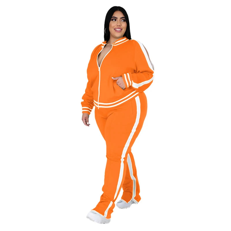Grande taille L-5XL deux pièces ensemble femmes survêtement Zip haut rayé fente pantalons de survêtement survêtement tenue correspondant ensemble en gros livraison directe Camara Shopping Grande taille L-5XL deux pièces ensemble femmes survêtement Zip haut rayé fente pantalons de survêtement survêtement tenue correspondant ensemble en gros livraison directe