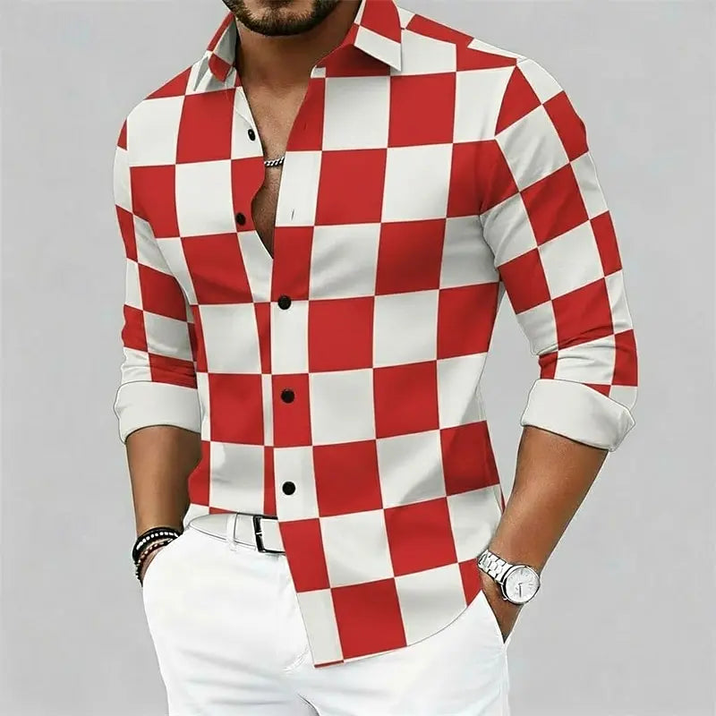 Chemise à carreaux graphique pour hommes, chemise boutonnée à manches longues, décontractée, confortable, station extérieure, Streetwear, vacances, printemps, automne Camara Shopping Chemise à carreaux graphique pour hommes, chemise boutonnée à manches longues, décontractée, confortable, station extérieure, Streetwear, vacances, printemps, automne