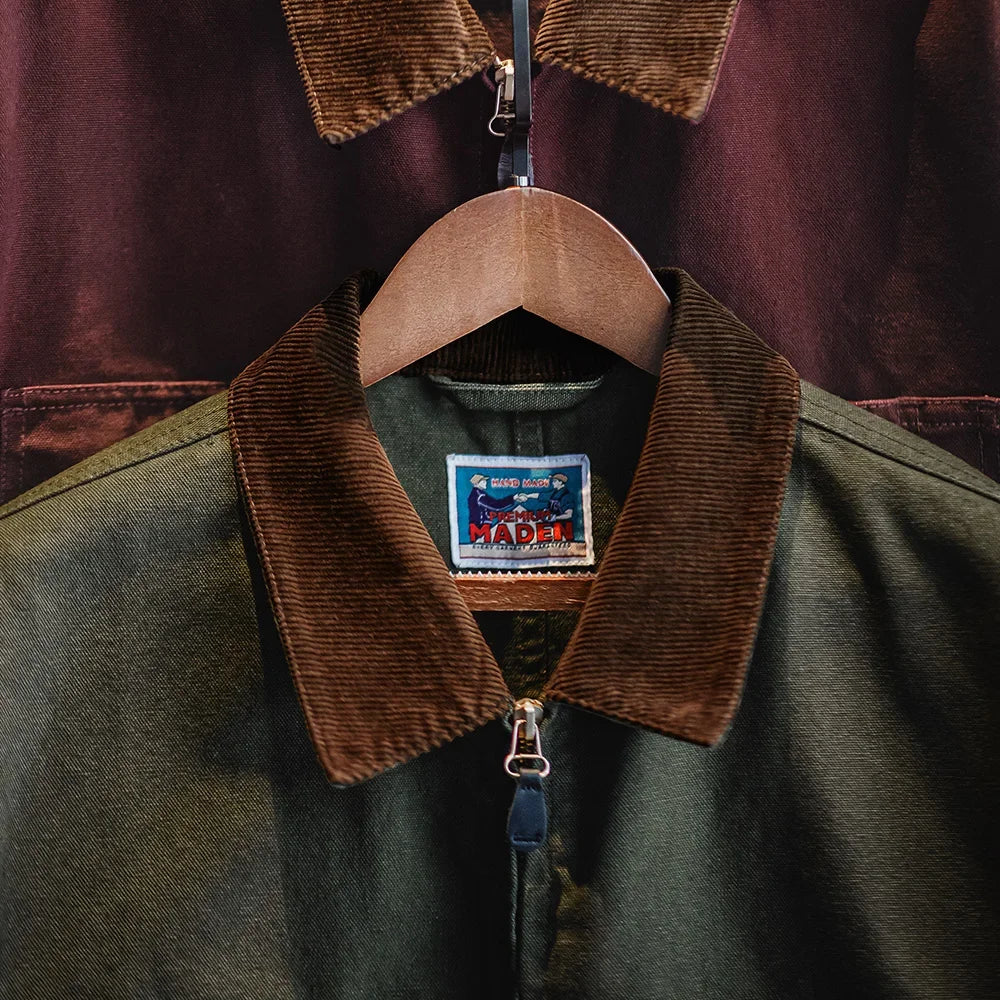 Maden rétro lourd toile Detroit veste col en velours côtelé chasse courte veste zippée avec poches hommes vêtements d'extérieur d'automne Camara Shopping Maden rétro lourd toile Detroit veste col en velours côtelé chasse courte veste zippée avec poches hommes vêtements d'extérieur d'automne