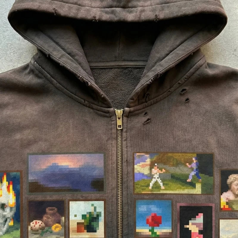 Sweat-shirt à capuche Y2K rétro marron délavé avec imprimé Pixel Paint, fermeture éclair, style streetwear tendance et vieilli, unisexe, coupe oversize Camara Shopping Sweat-shirt à capuche Y2K rétro marron délavé avec imprimé Pixel Paint, fermeture éclair, style streetwear tendance et vieilli, unisexe, coupe oversize