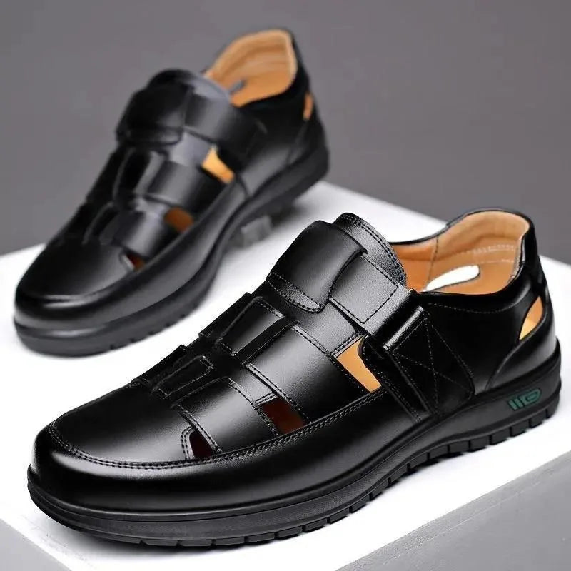 Chaussures en cuir pour hommes, tenue d'affaires décontractée, chaussures simples, semelle souple, antidérapantes, sandales d'été pour vieux papa, noires Camara Shopping Chaussures en cuir pour hommes, tenue d'affaires décontractée, chaussures simples, semelle souple, antidérapantes, sandales d'été pour vieux papa, noires