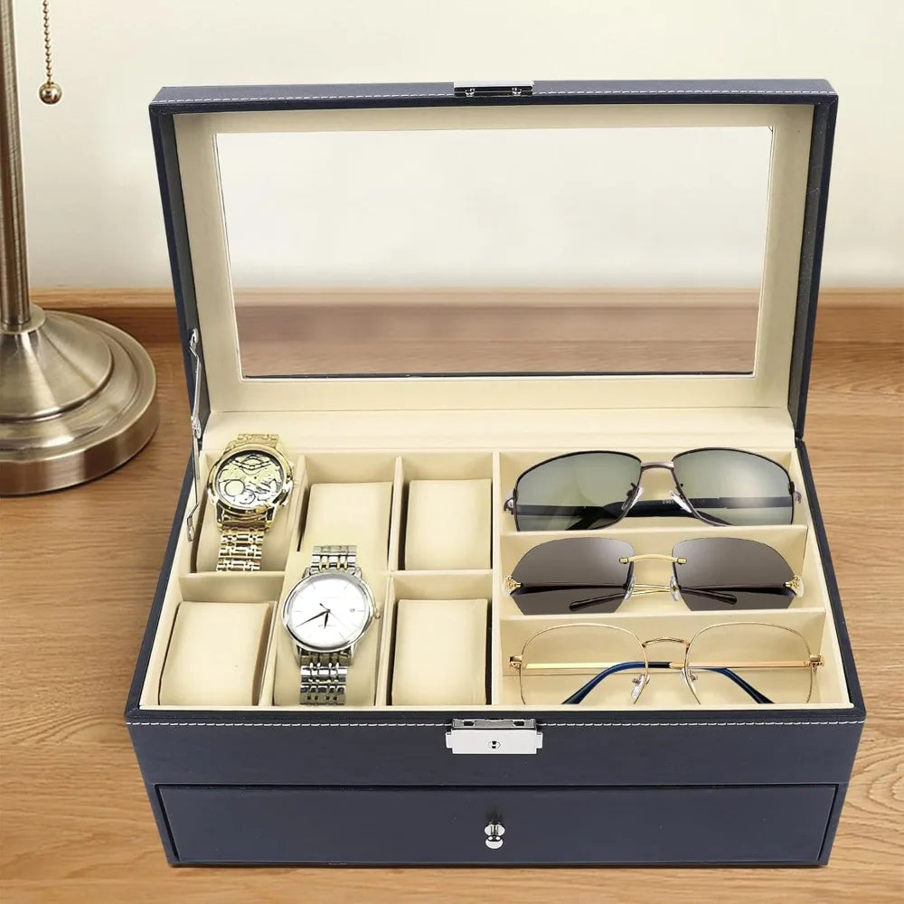 Boîte de montre en cuir noire pour hommes et femmes, avec 6 compartiments pour montres et rangement de lunettes 9 pièces, organisateur verrouillable Camara Shopping Boîte de montre en cuir noire pour hommes et femmes, avec 6 compartiments pour montres et rangement de lunettes 9 pièces, organisateur verrouillable