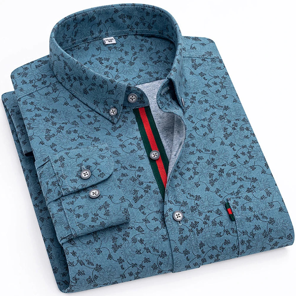 Chemise habillée élégante à col boutonné et imprimé floral pour hommes avec patte à rayures, chemises Oxford à manches longues 100% coton de style vacances Camara Shopping Chemise habillée élégante à col boutonné et imprimé floral pour hommes avec patte à rayures, chemises Oxford à manches longues 100% coton de style vacances