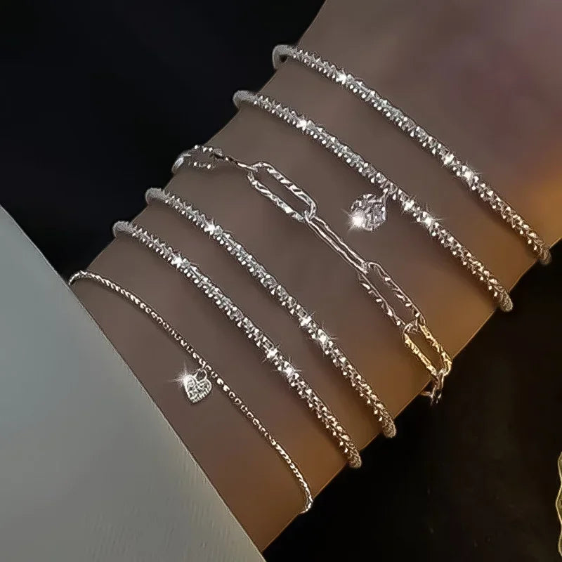 Bracelets en argent Sterling 925 avec strass pour femmes et filles, 6 pièces, luxe coréen, ciel étoilé scintillant, bijoux de fête Camara Shopping Bracelets en argent Sterling 925 avec strass pour femmes et filles, 6 pièces, luxe coréen, ciel étoilé scintillant, bijoux de fête