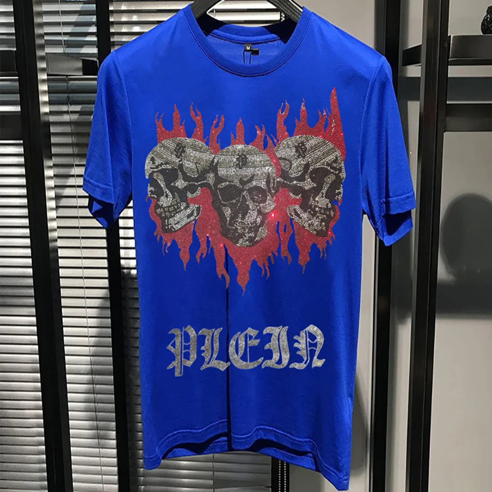 Designer hommes T-shirt strass crâne Streetwear hommes t-shirts marque de luxe mode tendance coton col rond à manches courtes haut vêtements Camara Shopping Designer hommes T-shirt strass crâne Streetwear hommes t-shirts marque de luxe mode tendance coton col rond à manches courtes haut vêtements