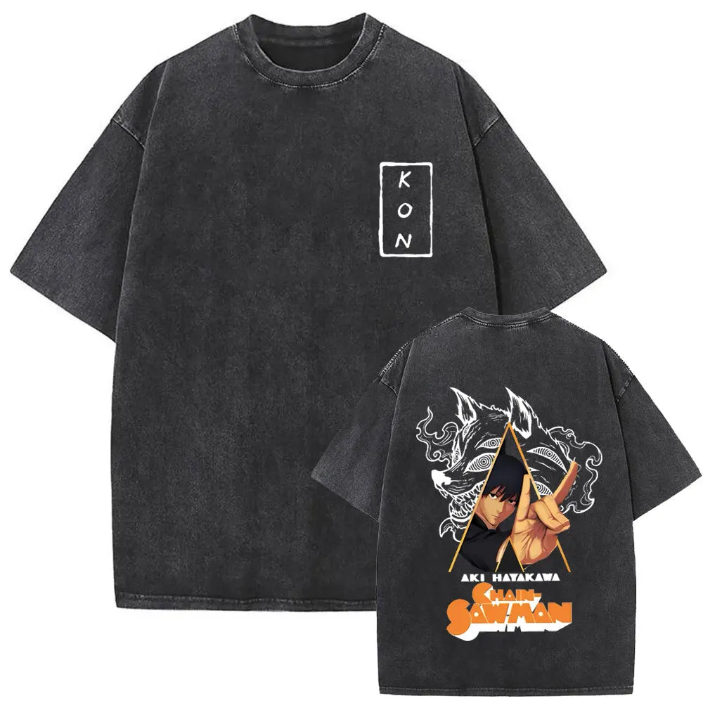 Anime tronçonneuse homme Vintage lavé T-shirt Hayakawa Aki invocation Kon Fox diable graphique T-shirts hommes femmes décontracté mode T-shirts Camara Shopping Anime tronçonneuse homme Vintage lavé T-shirt Hayakawa Aki invocation Kon Fox diable graphique T-shirts hommes femmes décontracté mode T-shirts