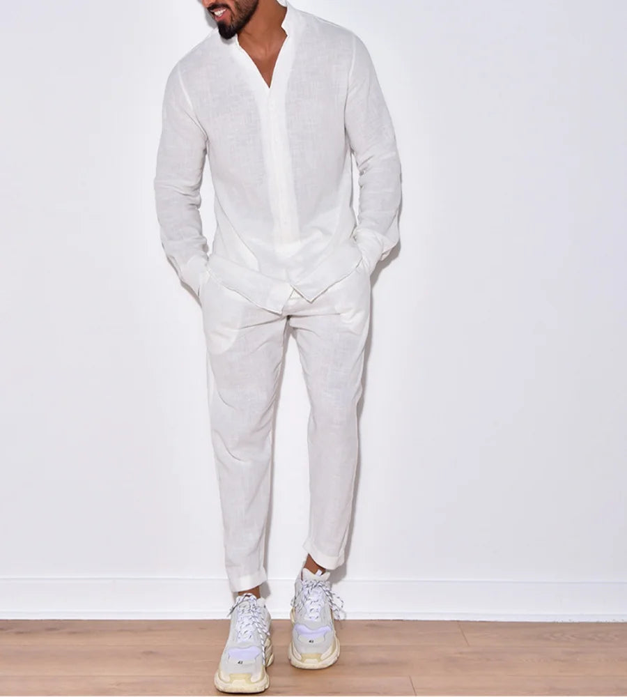 Costume décontracté en coton et lin pour hommes, chemise confortable en lin de couleur unie à col montant, ample de rue à manches longues, deux pièces Camara Shopping Costume décontracté en coton et lin pour hommes, chemise confortable en lin de couleur unie à col montant, ample de rue à manches longues, deux pièces