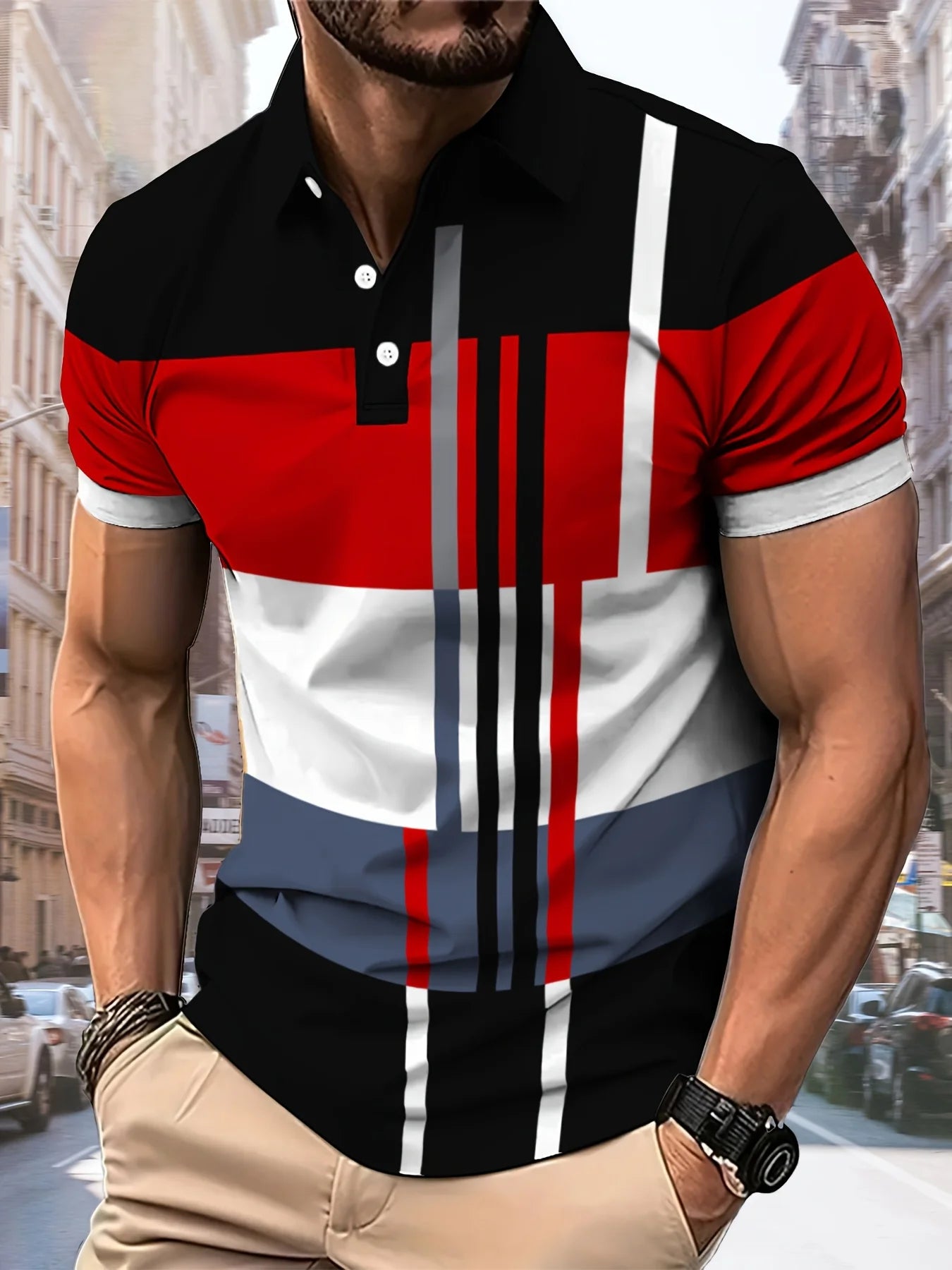 La nouvelle chemise POLO pour hommes d'été 2025 présente une impression de motifs rayés 3D décontractés, confortables et respirantes à la mode Camara Shopping La nouvelle chemise POLO pour hommes d'été 2025 présente une impression de motifs rayés 3D décontractés, confortables et respirantes à la mode