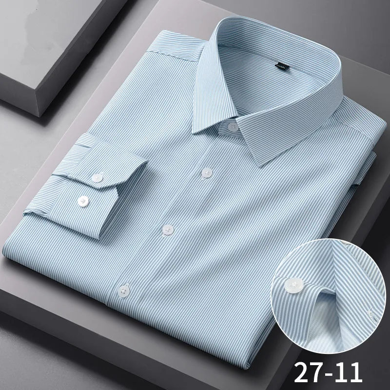 Chemises Anti-rides à rayures à carreaux pour hommes, manches longues, fines, sans repassage, lisses, vêtements quotidiens pour hommes sociaux, nouvelle collection automne printemps Camara Shopping Chemises Anti-rides à rayures à carreaux pour hommes, manches longues, fines, sans repassage, lisses, vêtements quotidiens pour hommes sociaux, nouvelle collection automne printemps