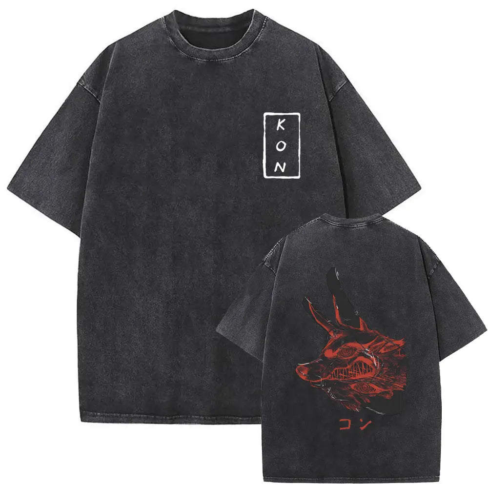 Anime tronçonneuse homme Vintage lavé T-shirt Hayakawa Aki invocation Kon Fox diable graphique T-shirts hommes femmes décontracté mode T-shirts Camara Shopping Anime tronçonneuse homme Vintage lavé T-shirt Hayakawa Aki invocation Kon Fox diable graphique T-shirts hommes femmes décontracté mode T-shirts