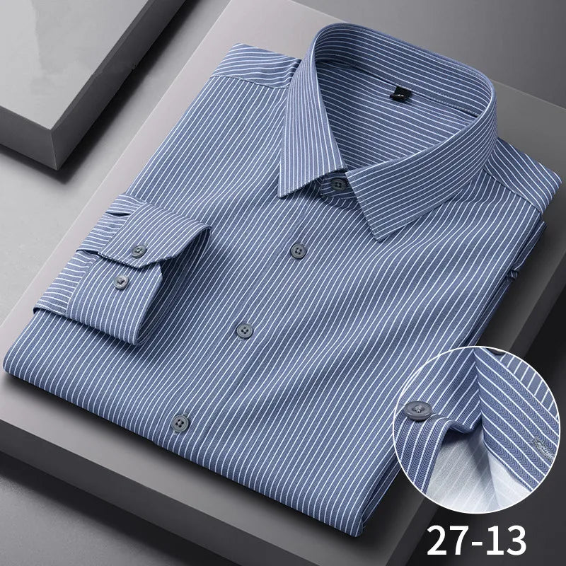 Chemises Anti-rides à rayures à carreaux pour hommes, manches longues, fines, sans repassage, lisses, vêtements quotidiens pour hommes sociaux, nouvelle collection automne printemps Camara Shopping Chemises Anti-rides à rayures à carreaux pour hommes, manches longues, fines, sans repassage, lisses, vêtements quotidiens pour hommes sociaux, nouvelle collection automne printemps