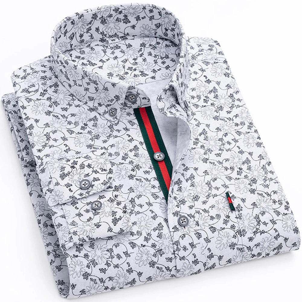 Chemise habillée élégante à col boutonné et imprimé floral pour hommes avec patte à rayures, chemises Oxford à manches longues 100% coton de style vacances Camara Shopping Chemise habillée élégante à col boutonné et imprimé floral pour hommes avec patte à rayures, chemises Oxford à manches longues 100% coton de style vacances