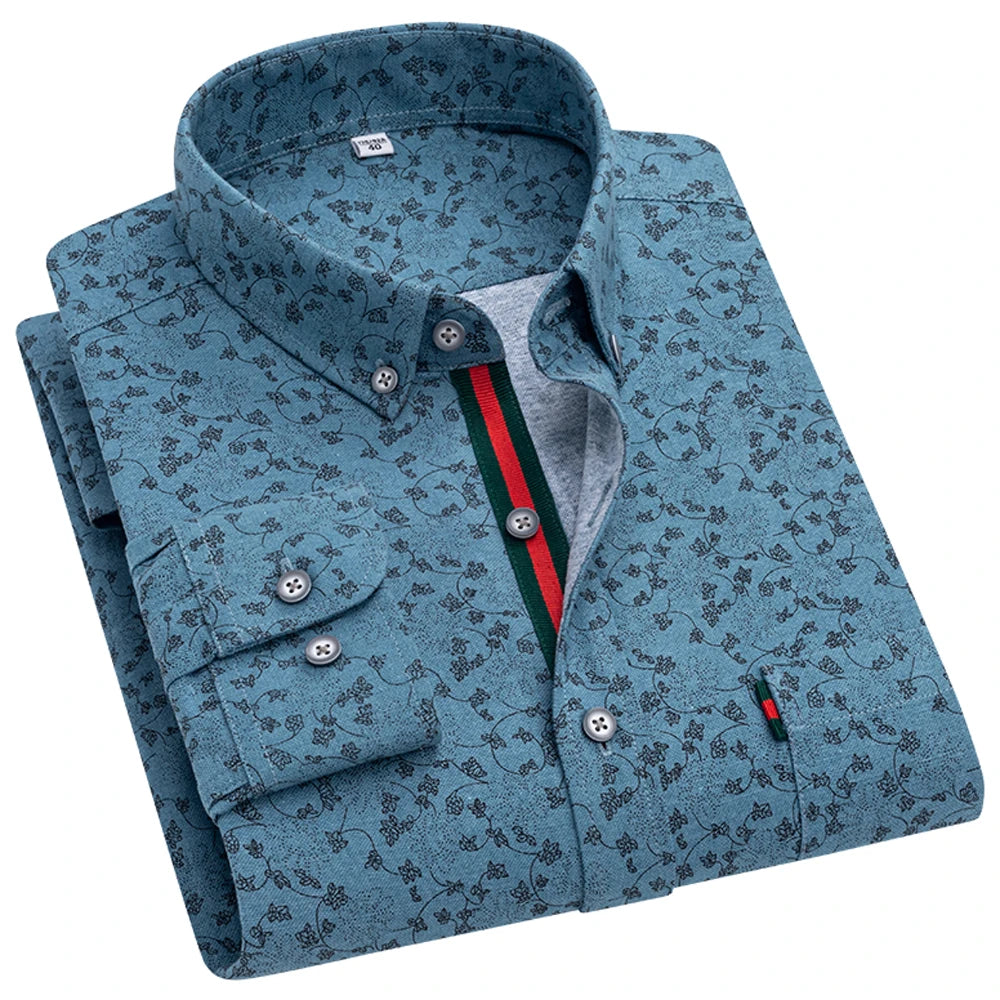 Chemise habillée élégante à col boutonné et imprimé floral pour hommes avec patte à rayures, chemises Oxford à manches longues 100% coton de style vacances Camara Shopping Chemise habillée élégante à col boutonné et imprimé floral pour hommes avec patte à rayures, chemises Oxford à manches longues 100% coton de style vacances
