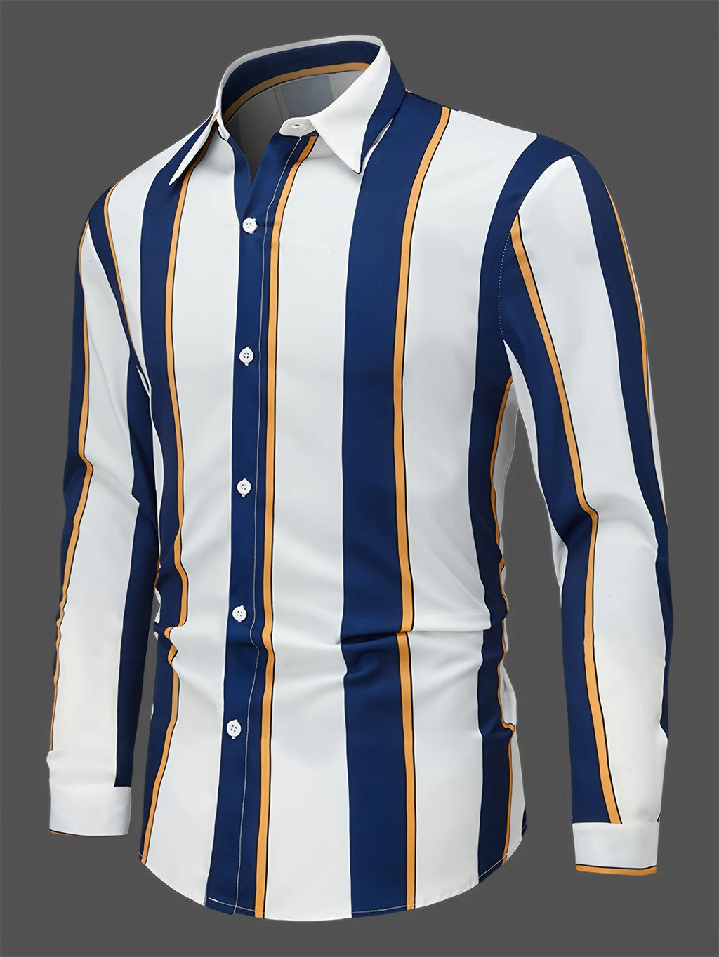 Chemise à manches longues rayée pour homme, coupe classique, couleur unie, polyester, col boutonné, tissu tissé, non extensible - Camara ShoppingChemise à manches longues rayée pour homme, coupe classique, couleur unie, polyester, col boutonné, tissu tissé, non extensible