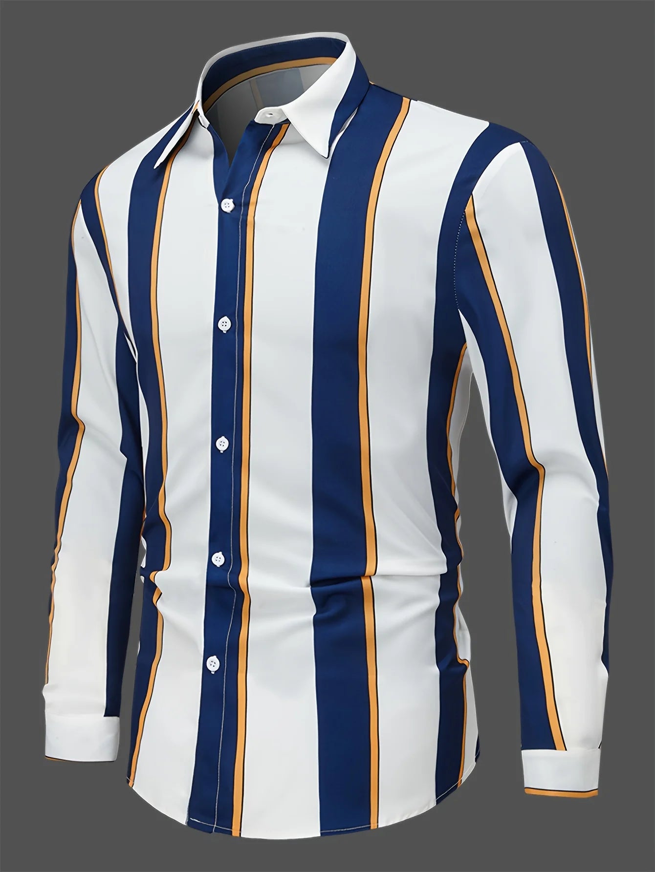 Chemise à manches longues rayée pour homme, coupe classique, couleur unie, polyester, col boutonné, tissu tissé, non extensible - Camara ShoppingChemise à manches longues rayée pour homme, coupe classique, couleur unie, polyester, col boutonné, tissu tissé, non extensible