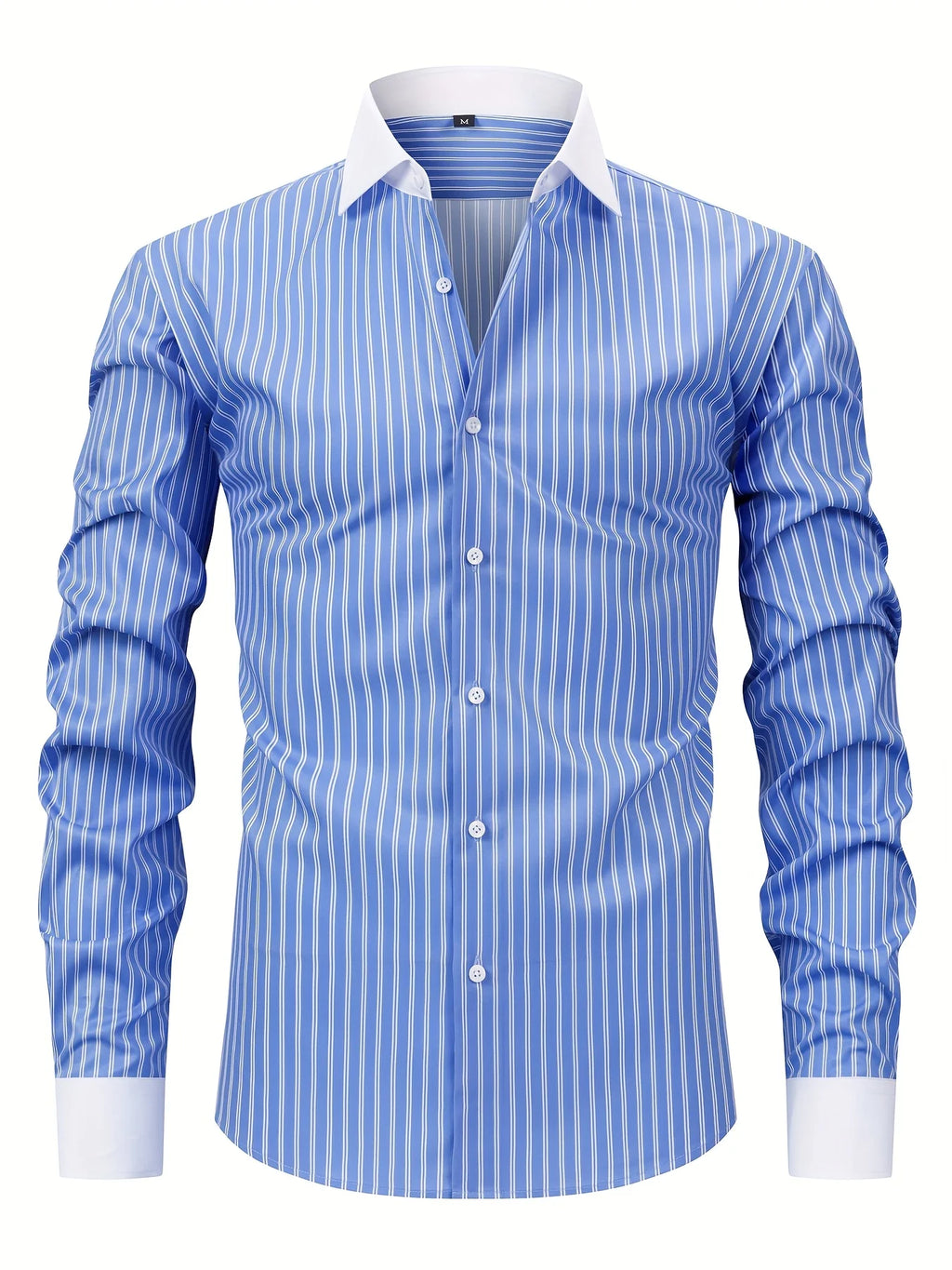 Chemise boutonnée élégante à manches longues rayée pour hommes, mélange de polyester extensible, design ajusté, parfaite pour les affaires ou les vêtements décontractés - Camara ShoppingChemise boutonnée élégante à manches longues rayée pour hommes, mélange de polyester extensible, design ajusté, parfaite pour les affaires ou les vêtements décontractés