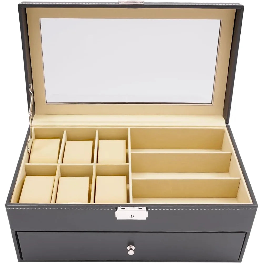 Boîte de montre en cuir noire pour hommes et femmes, avec 6 compartiments pour montres et rangement de lunettes 9 pièces, organisateur verrouillable Camara Shopping Boîte de montre en cuir noire pour hommes et femmes, avec 6 compartiments pour montres et rangement de lunettes 9 pièces, organisateur verrouillable