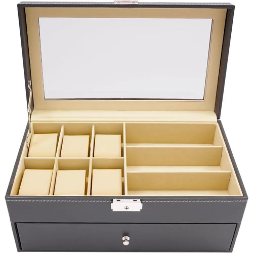 Boîte de montre en cuir noire pour hommes et femmes, avec 6 compartiments pour montres et rangement de lunettes 9 pièces, organisateur verrouillable Camara Shopping Boîte de montre en cuir noire pour hommes et femmes, avec 6 compartiments pour montres et rangement de lunettes 9 pièces, organisateur verrouillable