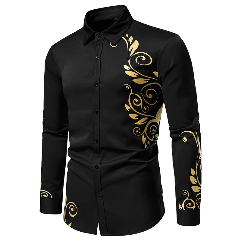 Chemise à imprimé doré pour homme, chemise décontractée à manches longues, vêtements pour homme, confortable et tendance, parfaite pour un usage quotidien Camara Shopping Chemise à imprimé doré pour homme, chemise décontractée à manches longues, vêtements pour homme, confortable et tendance, parfaite pour un usage quotidien