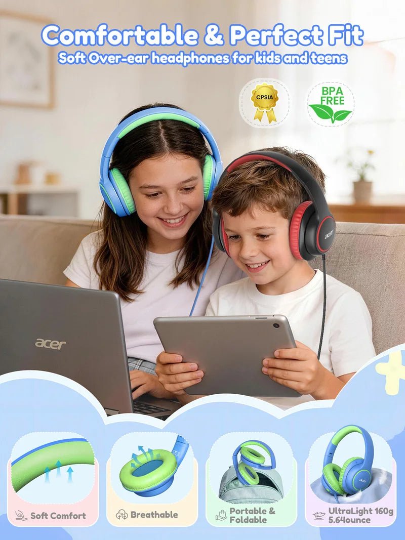 Nouveaux écouteurs filaires Acer pour enfants, design supra-auriculaire, limite de volume sécurisée 85/94 dB, prise jack 3,5 mm, écouteurs pliables pour les tout-petits, garçons et filles - Camara ShoppingNouveaux écouteurs filaires Acer pour enfants, design supra-auriculaire, limite de volume sécurisée 85/94 dB, prise jack 3,5 mm, écouteurs pliables pour les tout-petits, garçons et filles