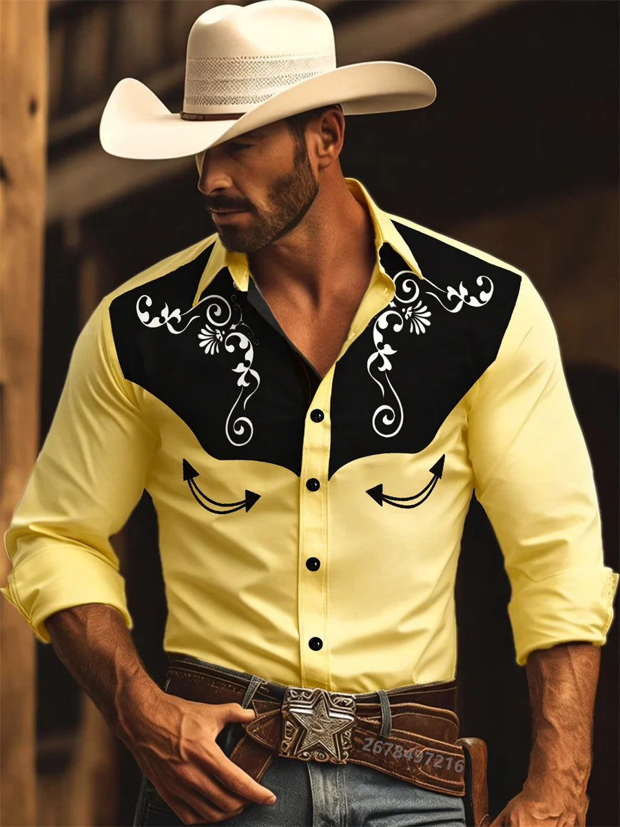 Nouvelle chemise à manches longues pour homme, style western cowboy, chemise à motif vintage imprimé, chemise à manches longues à col tendance pour homme. Camara Shopping Nouvelle chemise à manches longues pour homme, style western cowboy, chemise à motif vintage imprimé, chemise à manches longues à col tendance pour homme.