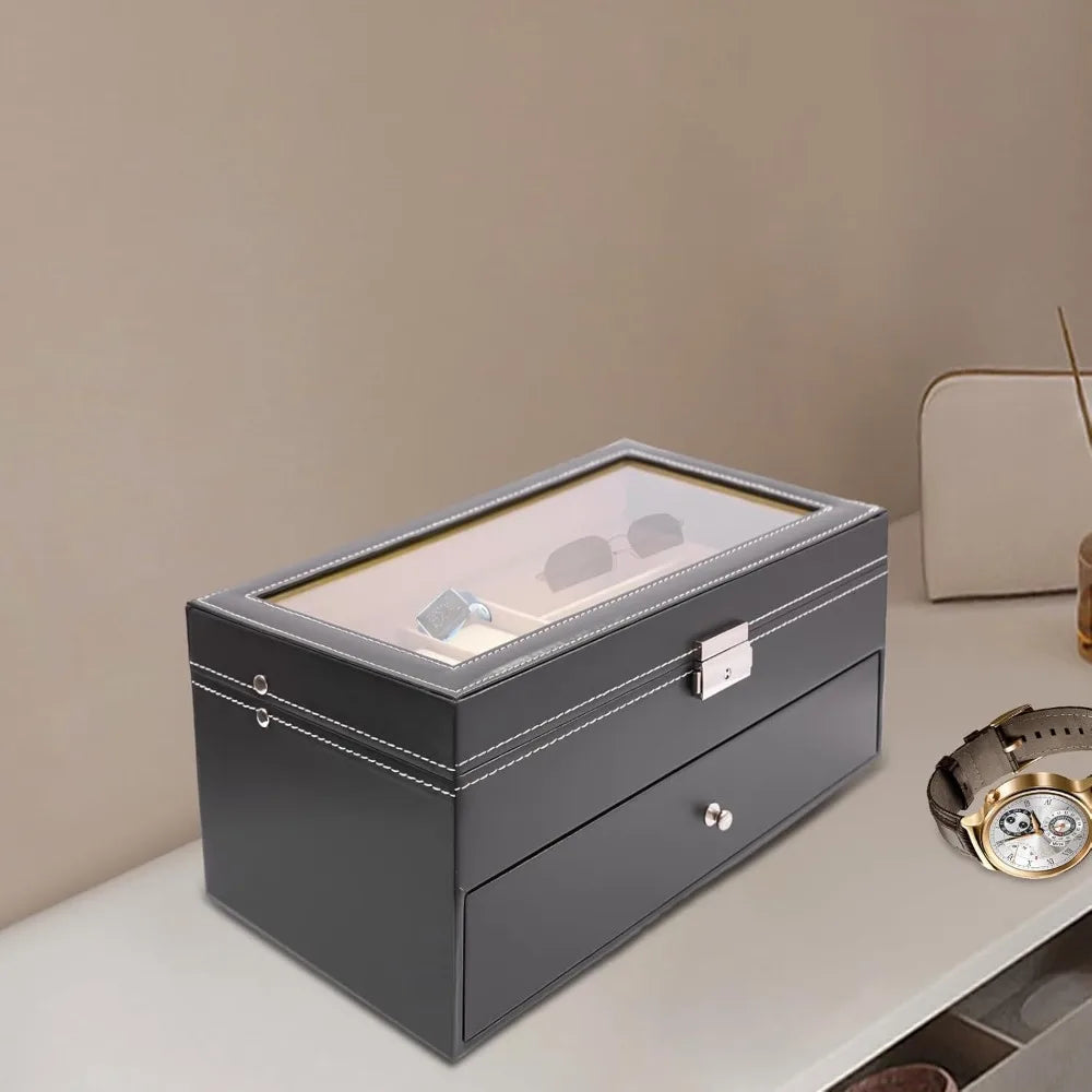 Boîte de montre en cuir noire pour hommes et femmes, avec 6 compartiments pour montres et rangement de lunettes 9 pièces, organisateur verrouillable Camara Shopping Boîte de montre en cuir noire pour hommes et femmes, avec 6 compartiments pour montres et rangement de lunettes 9 pièces, organisateur verrouillable
