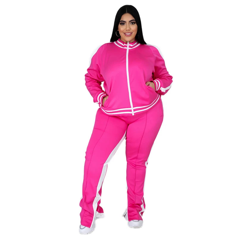 Grande taille L-5XL deux pièces ensemble femmes survêtement Zip haut rayé fente pantalons de survêtement survêtement tenue correspondant ensemble en gros livraison directe Camara Shopping Grande taille L-5XL deux pièces ensemble femmes survêtement Zip haut rayé fente pantalons de survêtement survêtement tenue correspondant ensemble en gros livraison directe