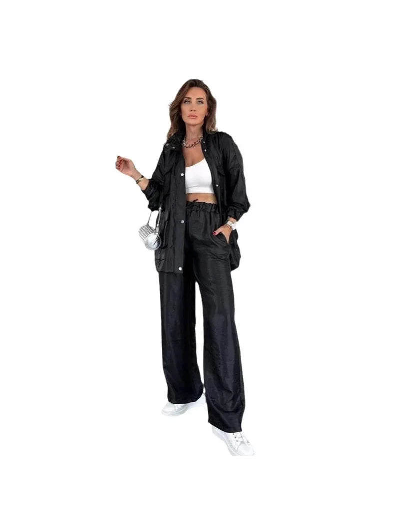 Ensemble deux pièces métallisé pour femme, pantalon cargo adt, jambe large, assressenti, tenues de rue, monochrome, mode printemps et automne, 2 pièces Camara Shopping Ensemble deux pièces métallisé pour femme, pantalon cargo adt, jambe large, assressenti, tenues de rue, monochrome, mode printemps et automne, 2 pièces