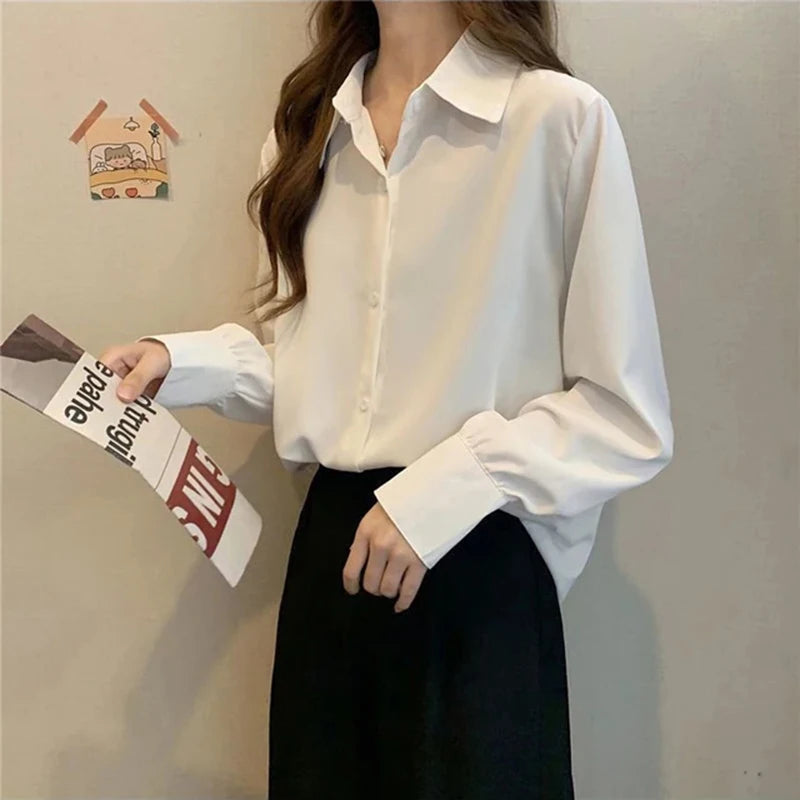 Femmes en mousseline de soie chemises blanches mode coréenne solide ample à manches longues hauts bureau dames élégant décontracté tout Match Blouses printemps nouveau Camara Shopping Femmes en mousseline de soie chemises blanches mode coréenne solide ample à manches longues hauts bureau dames élégant décontracté tout Match Blouses printemps nouveau