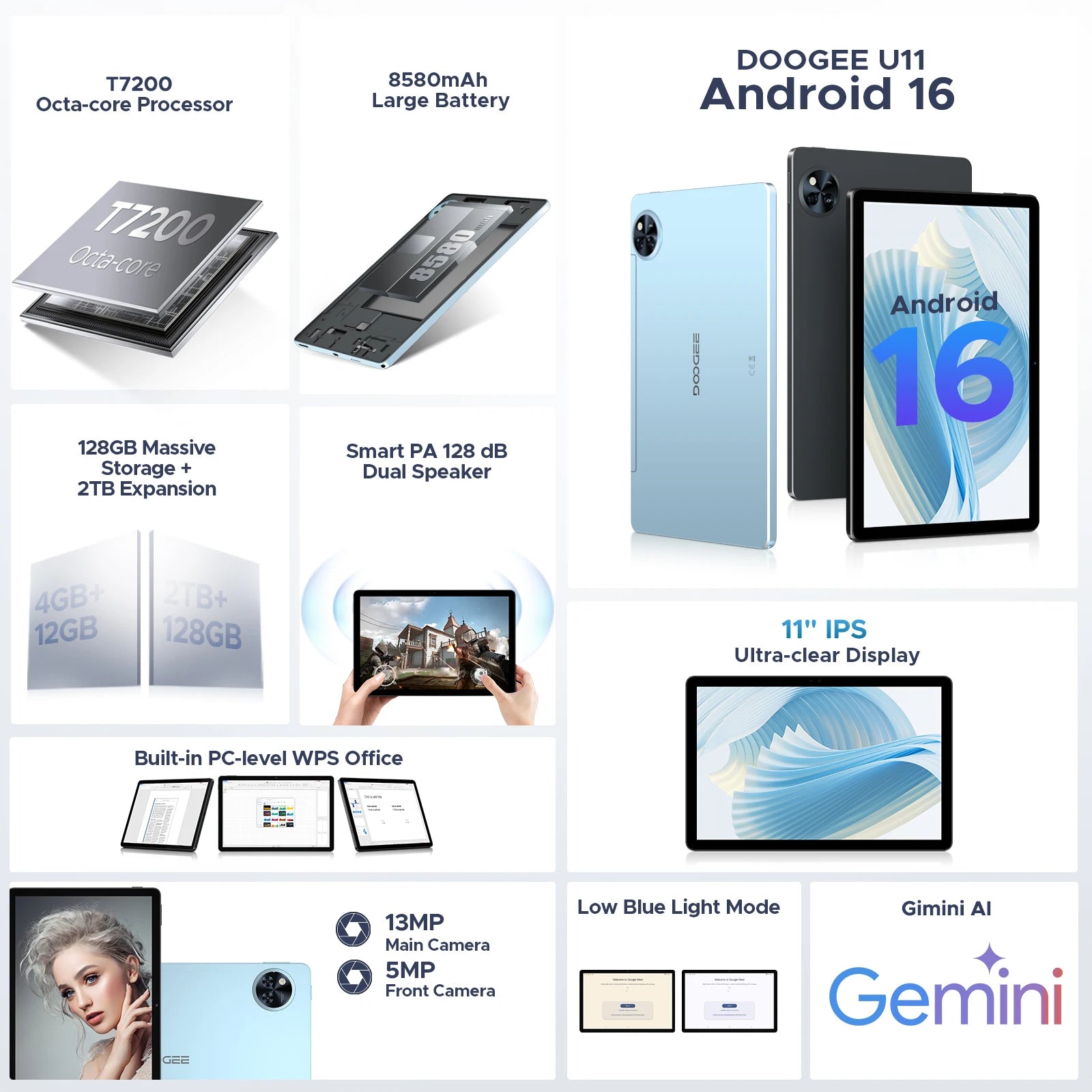 DOOGEE U11 tablette 11 "Ultra-clair 90Hz affichage 16GB 128GB 8580mAh batterie Unisoc T7200 double haut-parleur Widevine L1 Android 16 Camara Shopping DOOGEE U11 tablette 11 "Ultra-clair 90Hz affichage 16GB 128GB 8580mAh batterie Unisoc T7200 double haut-parleur Widevine L1 Android 16