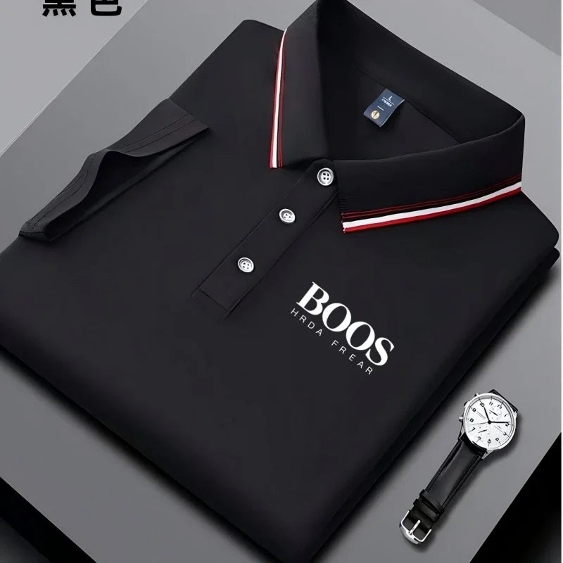 Polo homme business casual à col rayé et imprimé lettres, tissu respirant à manches courtes, matière confortable Camara Shopping Polo homme business casual à col rayé et imprimé lettres, tissu respirant à manches courtes, matière confortable