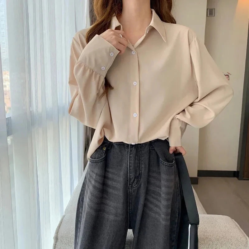 Femmes en mousseline de soie chemises blanches mode coréenne solide ample à manches longues hauts bureau dames élégant décontracté tout Match Blouses printemps nouveau Camara Shopping Femmes en mousseline de soie chemises blanches mode coréenne solide ample à manches longues hauts bureau dames élégant décontracté tout Match Blouses printemps nouveau