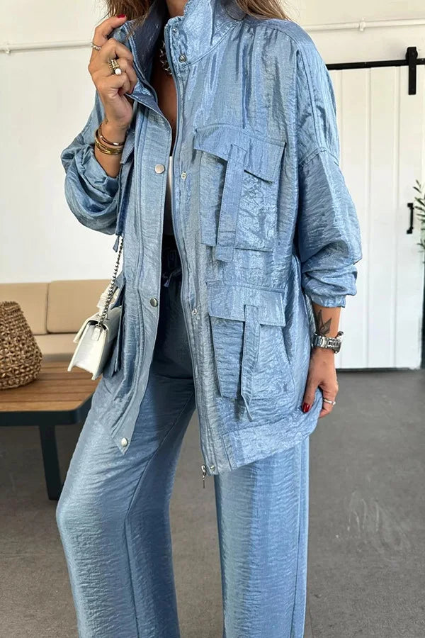 Ensemble deux pièces métallisé pour femme, pantalon cargo adt, jambe large, assressenti, tenues de rue, monochrome, mode printemps et automne, 2 pièces Camara Shopping Ensemble deux pièces métallisé pour femme, pantalon cargo adt, jambe large, assressenti, tenues de rue, monochrome, mode printemps et automne, 2 pièces