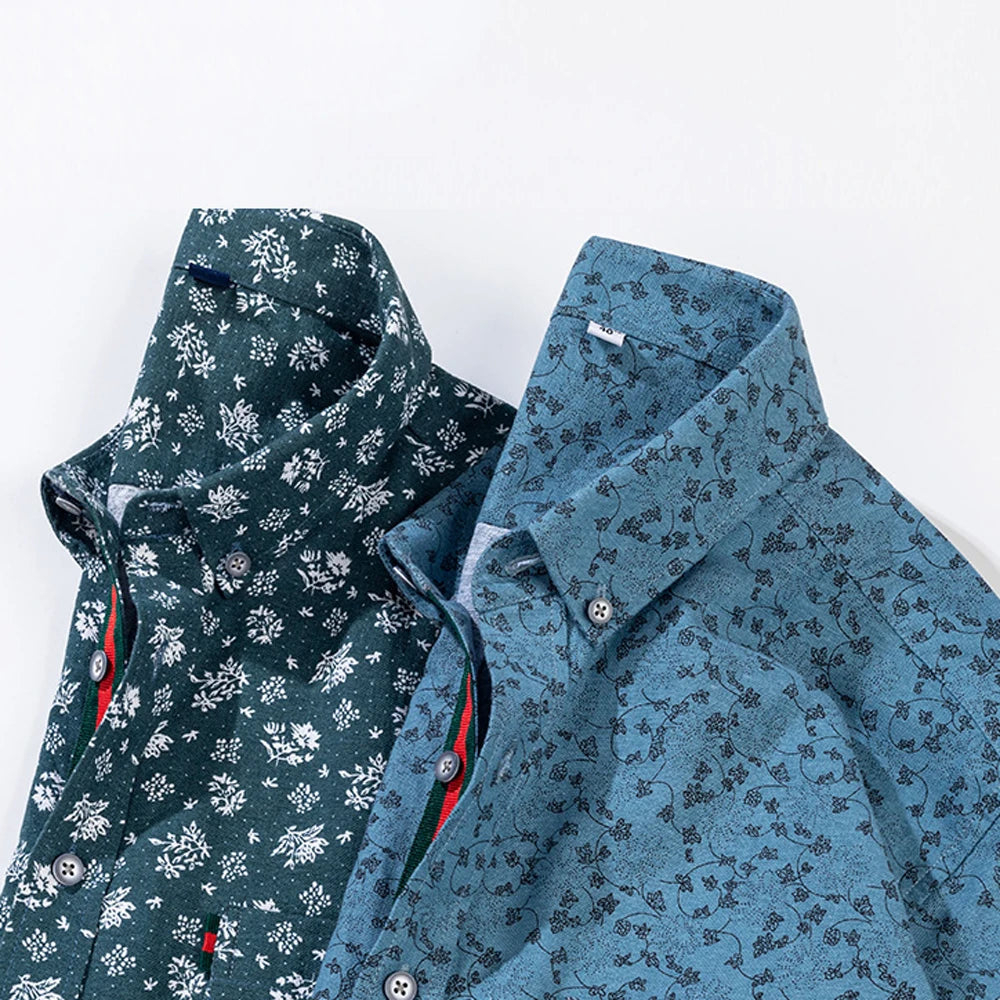 Chemise habillée élégante à col boutonné et imprimé floral pour hommes avec patte à rayures, chemises Oxford à manches longues 100% coton de style vacances Camara Shopping Chemise habillée élégante à col boutonné et imprimé floral pour hommes avec patte à rayures, chemises Oxford à manches longues 100% coton de style vacances