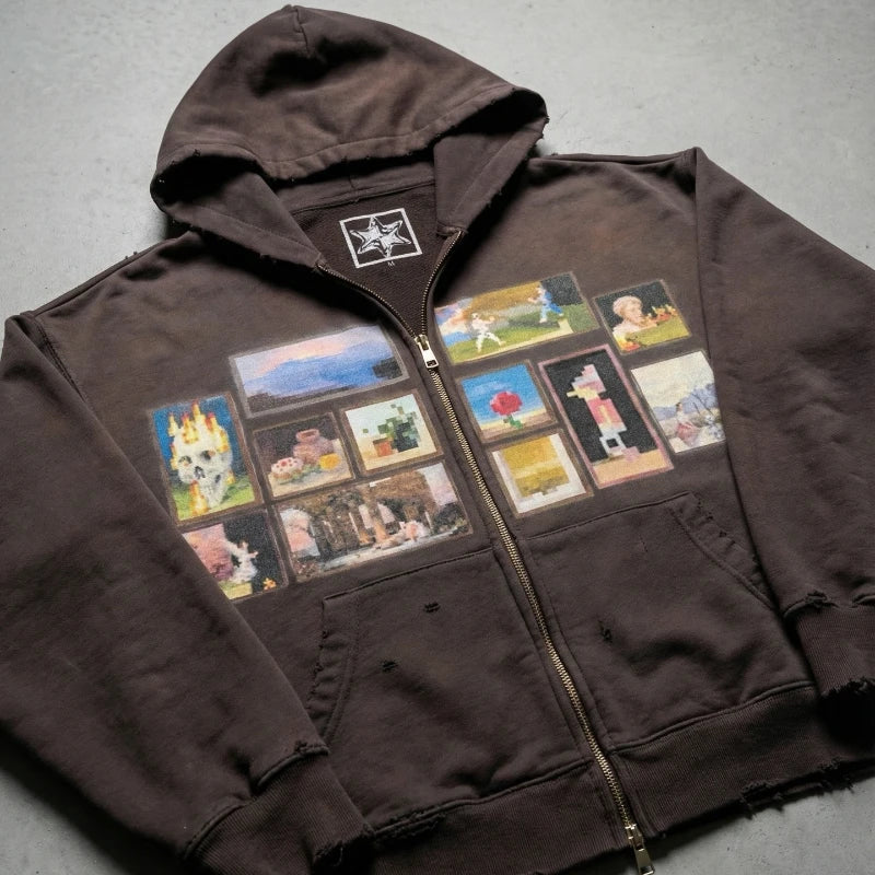 Sweat-shirt à capuche Y2K rétro marron délavé avec imprimé Pixel Paint, fermeture éclair, style streetwear tendance et vieilli, unisexe, coupe oversize Camara Shopping Sweat-shirt à capuche Y2K rétro marron délavé avec imprimé Pixel Paint, fermeture éclair, style streetwear tendance et vieilli, unisexe, coupe oversize