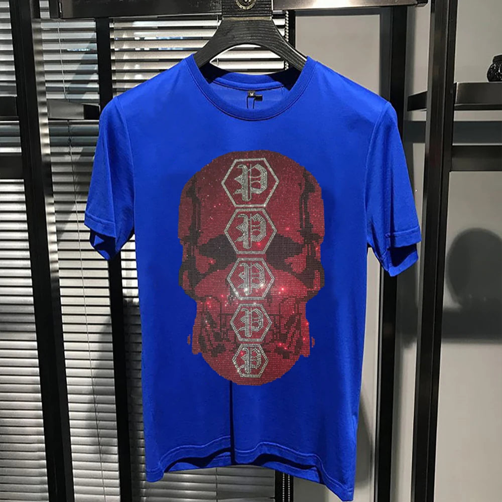 Designer hommes T-shirt strass crâne Streetwear hommes t-shirts marque de luxe mode tendance coton col rond à manches courtes haut vêtements Camara Shopping Designer hommes T-shirt strass crâne Streetwear hommes t-shirts marque de luxe mode tendance coton col rond à manches courtes haut vêtements