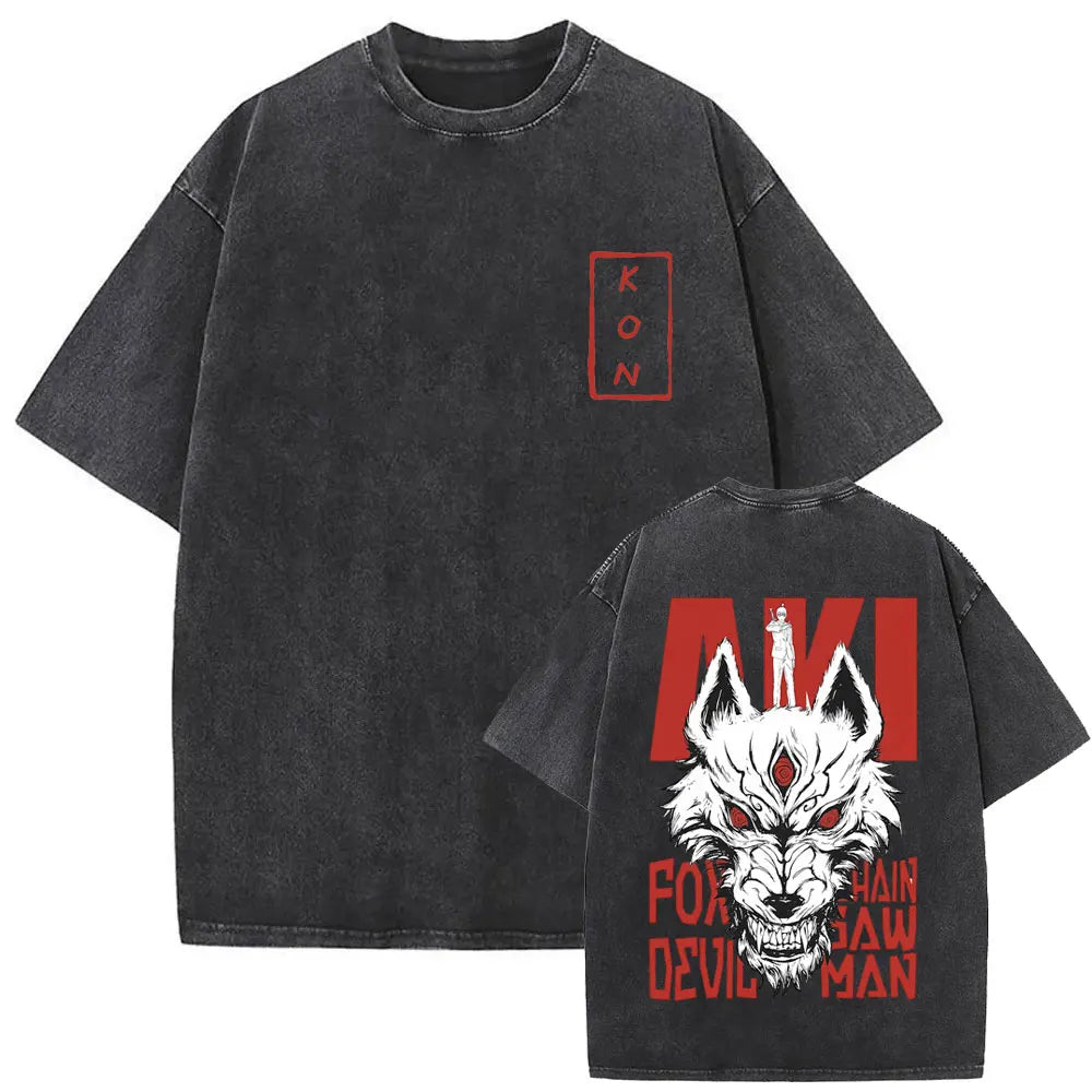 Anime tronçonneuse homme Vintage lavé T-shirt Hayakawa Aki invocation Kon Fox diable graphique T-shirts hommes femmes décontracté mode T-shirts Camara Shopping Anime tronçonneuse homme Vintage lavé T-shirt Hayakawa Aki invocation Kon Fox diable graphique T-shirts hommes femmes décontracté mode T-shirts