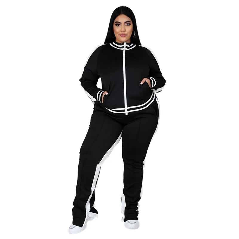 Grande taille L-5XL deux pièces ensemble femmes survêtement Zip haut rayé fente pantalons de survêtement survêtement tenue correspondant ensemble en gros livraison directe Camara Shopping Grande taille L-5XL deux pièces ensemble femmes survêtement Zip haut rayé fente pantalons de survêtement survêtement tenue correspondant ensemble en gros livraison directe