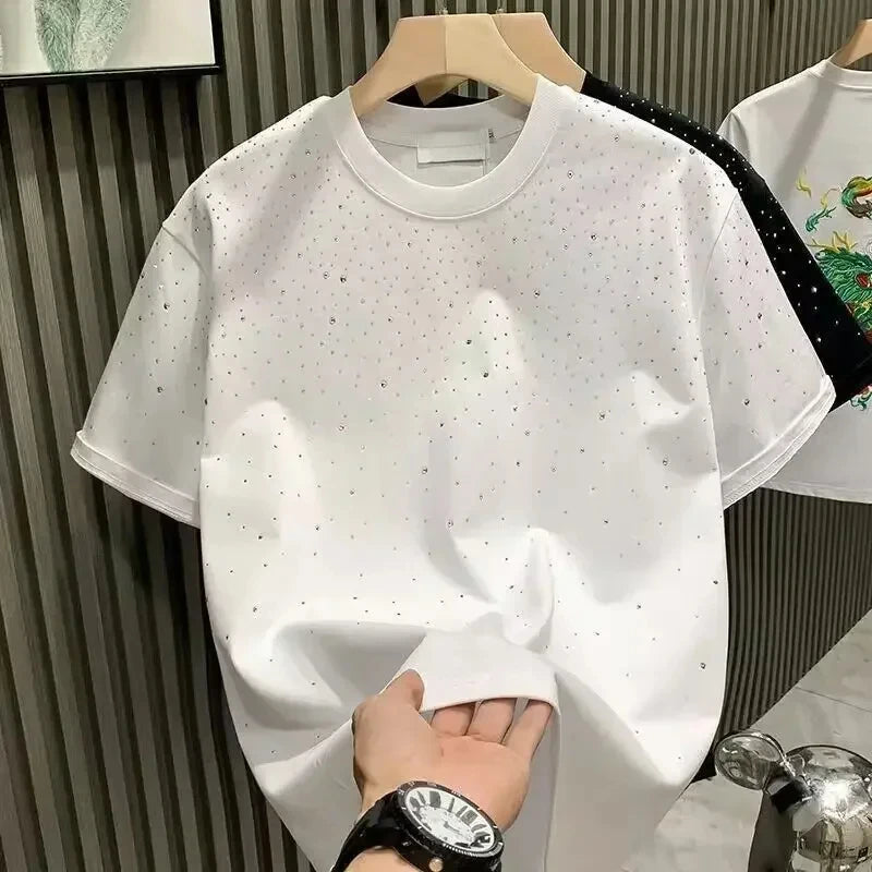 Été hommes vêtements été strass Rivet T-shirt col rond T-shirt style décontracté Version coréenne hommes manches courtes T-shirt Camara Shopping Été hommes vêtements été strass Rivet T-shirt col rond T-shirt style décontracté Version coréenne hommes manches courtes T-shirt