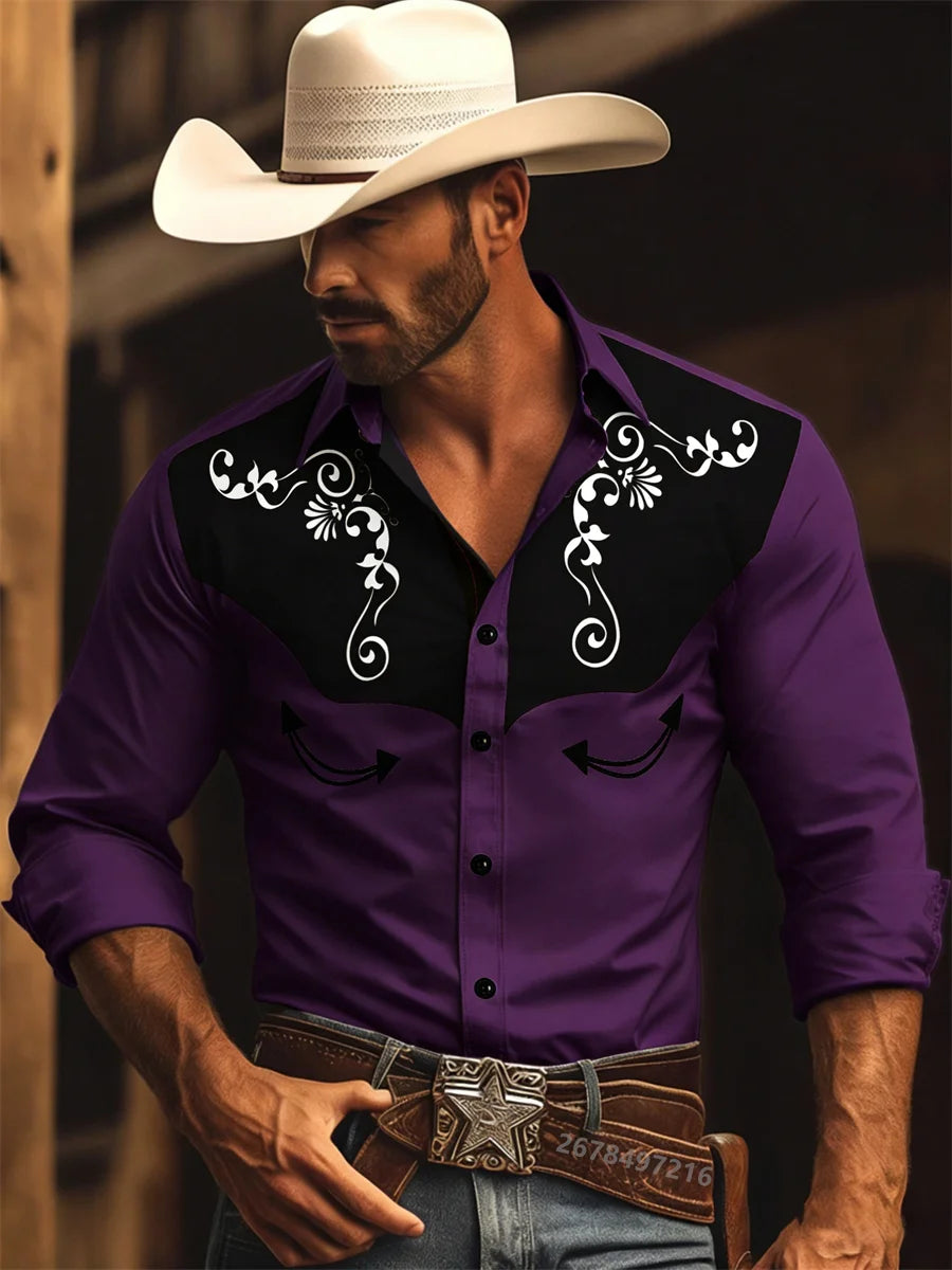 Nouvelle chemise à manches longues pour homme, style western cowboy, chemise à motif vintage imprimé, chemise à manches longues à col tendance pour homme. Camara Shopping Nouvelle chemise à manches longues pour homme, style western cowboy, chemise à motif vintage imprimé, chemise à manches longues à col tendance pour homme.