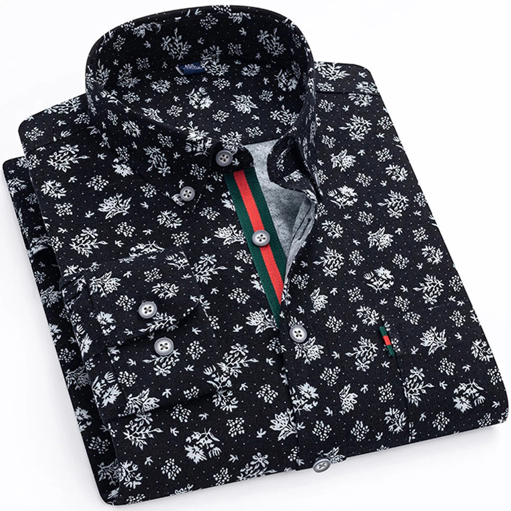 Chemise habillée élégante à col boutonné et imprimé floral pour hommes avec patte à rayures, chemises Oxford à manches longues 100% coton de style vacances Camara Shopping Chemise habillée élégante à col boutonné et imprimé floral pour hommes avec patte à rayures, chemises Oxford à manches longues 100% coton de style vacances